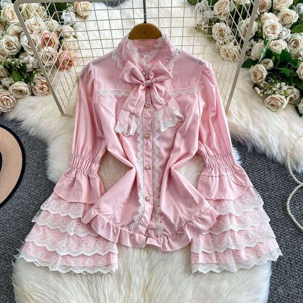 French court retro high-end lace patchwork stand up collar women's shirt with sweet and youthful bow and bell a16 shaped sleeves
