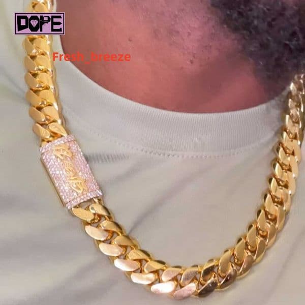 15MM Plain Cuban Chain Custom Iced Out Cuban Link Chain Moissanite Clasp Hiphop 925 Sliver Gold Plated