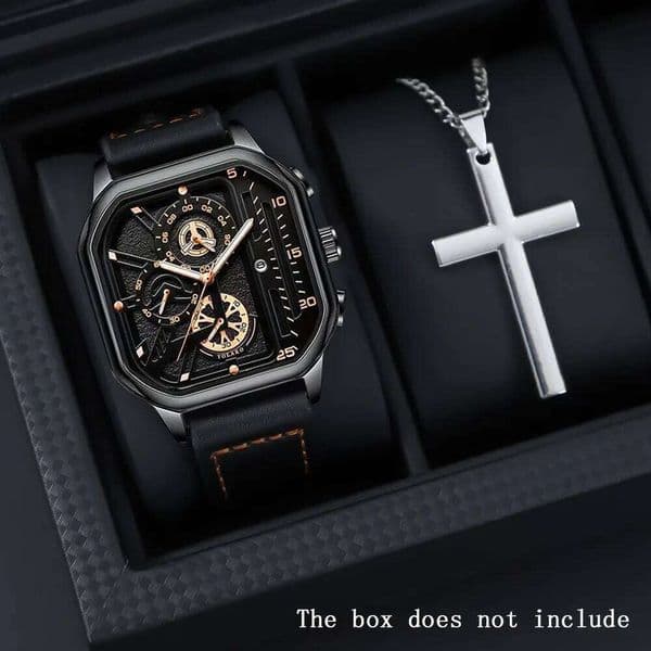 2 Pcs/set Fashion Men's PU Leather Strap Quartz Business Watch and Necklace