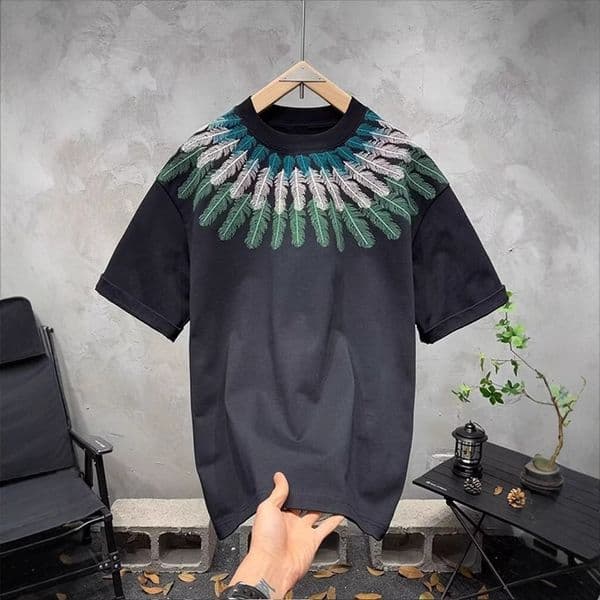 New Designer T-shirt Vintage Men's Summer High Street American Style Polo Trendy Designer Hoodie Heavy Feather Embroidery Couple's Crew Neck