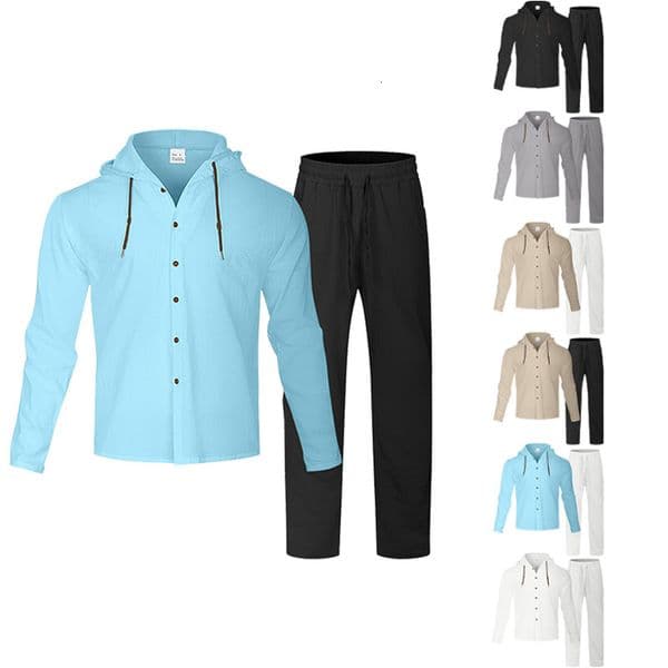 European And Designer Hoodie American Men's Solid Color Casual Polo Longsleeve Shirt Hooded Drawstring Cotton Linen Cardigan Loose Cotton Linen Designer T-shirt