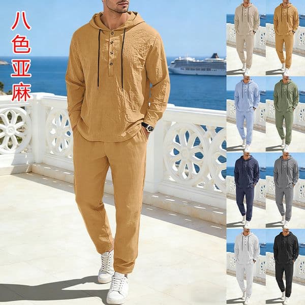 European And American Designer Hoodie Men's New Designer T-shirt Linen Solid Color Hooded Drawstring Long Sleeve Long Polo Pants Men's Suit