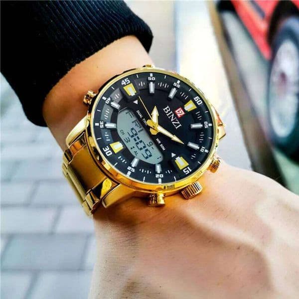 Top Brand Luxury Wrist Waterproof Sports Digital Watches Men LED Steel Military Quartz Watch Gold color Big Dial Clock