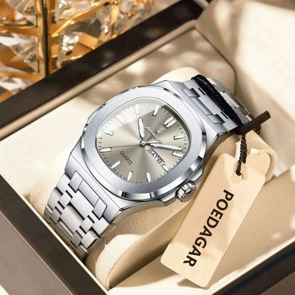 POEDAGAR Original Fashion Wristwatch Waterproof Luminous Week Date Man Watch Stainless Steel Quartz Business Watches For Men