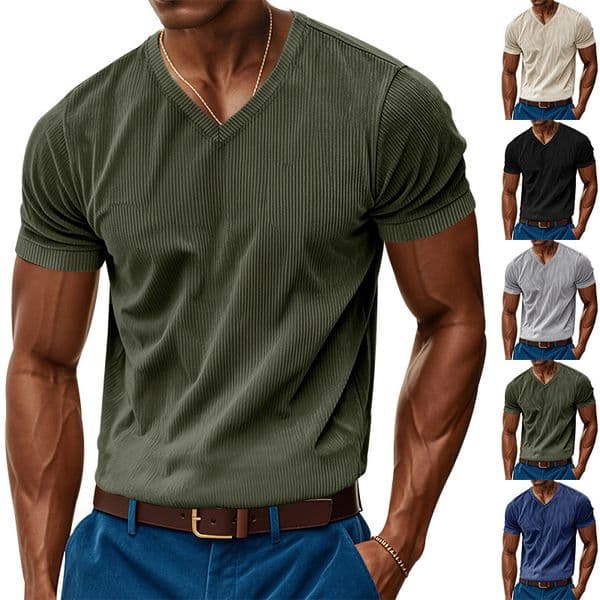 Summer American Style Loose Casual Breathable Men's Vneck Skinfriendly Trendy Polo Hoodie Corduroy Shirt Short Sleeve