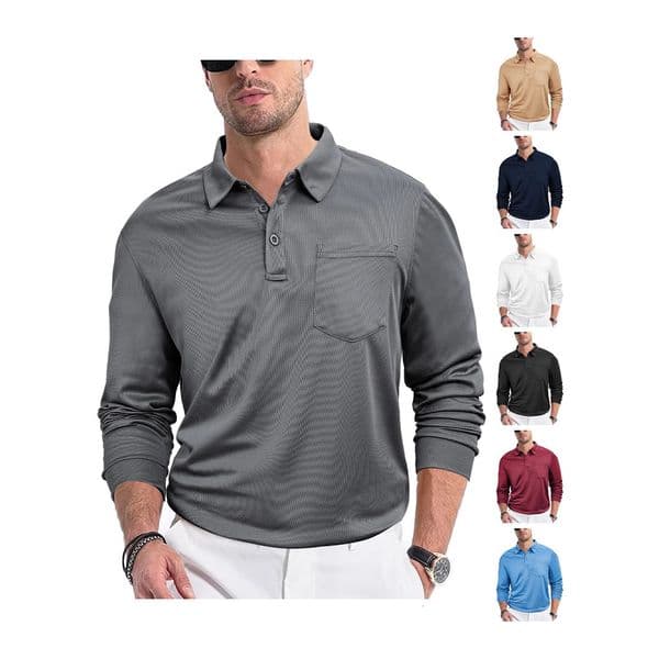 European And American Men's Clothing Casual Loose Button Placket Solid Polo Color Long Designer T-shirt Sleeve Mesh Fabric Designer Hoodie Collar Men's Polo Shirt
