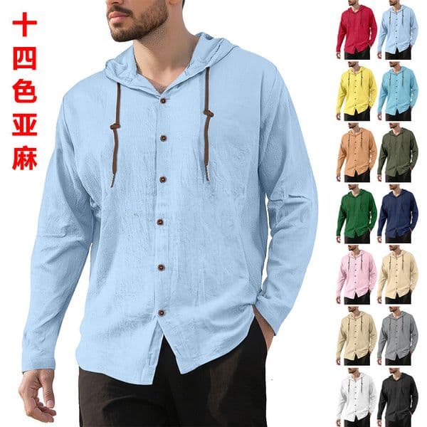 European Polo And American Men's Hooded Designer Hoodie Drawstring Cotton Linen Shirt Solid Designer T-shirt Color Loose Long Sleeve Casual Shirt Beach Jacket