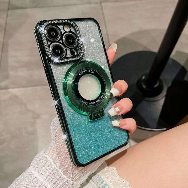 Suitable for iPhone 16 Pro Max phone case with electroplated rhinestones and magnetic stand, Apple 15 glitter TPU protective cover