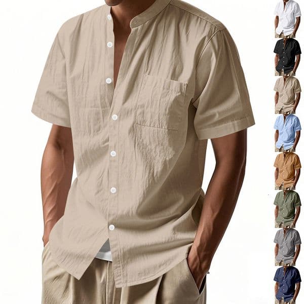 European And American Men's Summer Loose Linen Cardigan Solid Color Casual Polo Designer T-shirt Designer Hoodie Stand Collar Beach Short Sleeve Shirt