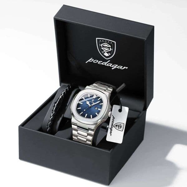 POEDAGAR Square Fashion Clock Waterproof Luminous Date Luxury Man Watch Stainless Steel Quartz Business Watches For Men Gift