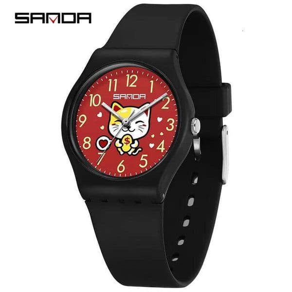 SANDA 6139 Student Quartz Watch Creative Cute Cartoon Wealth Cat Silicone Strap Wristwatch for Boys and Girls Clock Gift