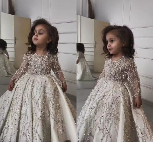 Customized Luxury Pearls Sequined Flower Wedding Party With Long Sleeves Puffy Princess Ball Gown Little Girl Birthay Pageant 1St Communion Dress Lg1070 Youmaid