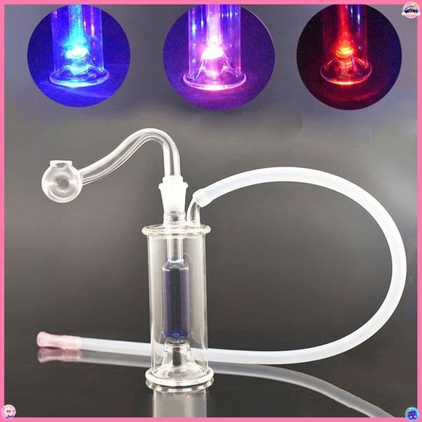 Travel Mini Glass Oil Burner Bubblers Bong Water Pipes With 3 Change Color Led Light Glass Percolator Bubbler with smoking oil Bowl Slide and Silicone Mouthpiece