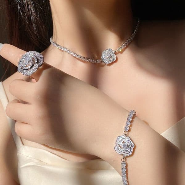 Camellia Niche Design Elegant Lady Hollow Rose Necklace, Earrings, Open Ring, Full Diamond Bracelet For Women