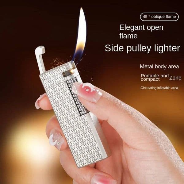 Silver-Plated Open Flame Side-Slip Metal 45° Oblique Fire Portable Inflatable Butane Lighter Smoking Accessories