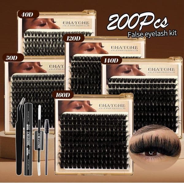 DIY Individual Eyelashes Fluffy Wispy 200Pcs DIY Cluster Lashes Kit with Lash Adhesive Tweezer Handmade Reusable D Curled Cluster Segmented Lashes for Women