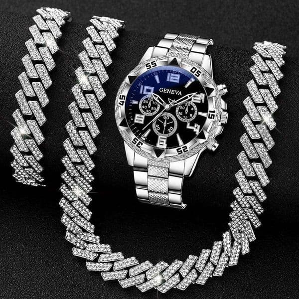 3PC Silver Business Men's Luxury Fashion Black Digital Scale Dial Quartz Watch Bracelet Necklace Set Perfect Gift