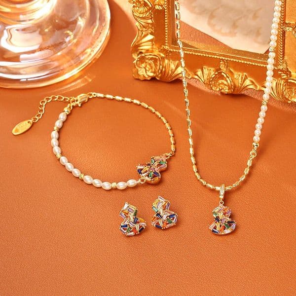 Hot-Selling Colorful Zircon Gourd Fortune Necklace New Chinese Style Festive Lucky Wealth Bracelet Dopamine Earrings