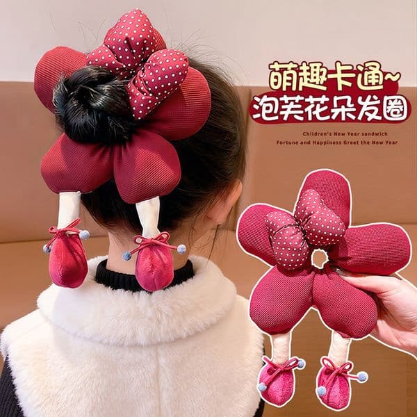 Children's Cute Cartoon Puff Flower Hair Tie Girls, Adorable Polka Dot Bow Bubble Scrunchie for Bun Hairstyle ddmyshoesvip