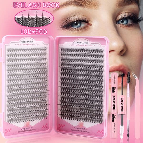 600Pcs DIY Cluster Lashes Kit with Lash Bond & Seal Thick Fluffy Individual Eyelashes Soft Lightweight D Curled Grafted Lashes Cluster Segmented Eyelashes