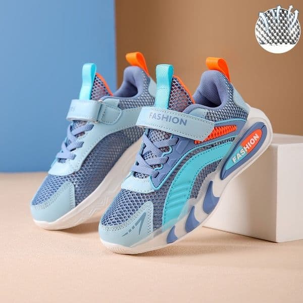 Free Shipping Boys Girls Big Mesh Sneakers Strap Closure Breathable Lightweight Sport Running Shoes Blue Orange Non-Slip Kids Athletic Shoes Size28-39