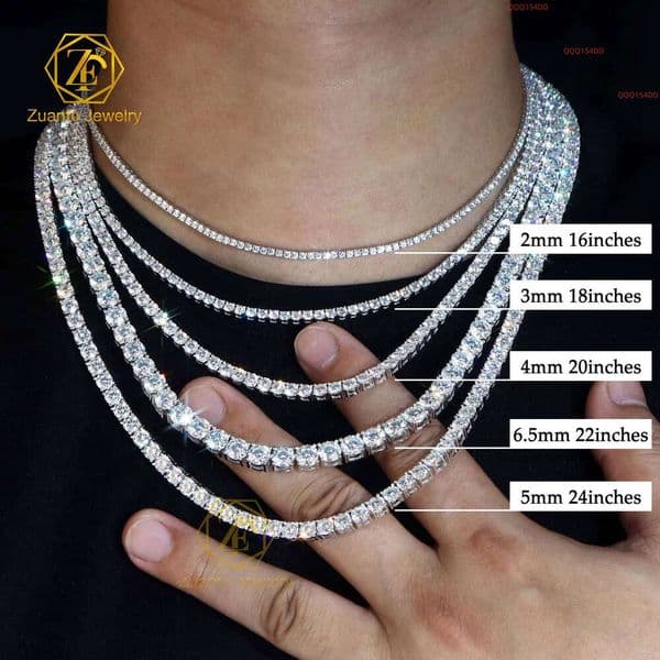 Women's Moissanite Tennis Necklace 3Mm 4Mm 5Mm 6.5Mm Rhodium-Plated S925 Sterling Silver White Gold Link Chain For Gifts