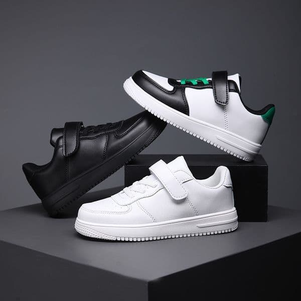 Free shipping Kids All Black Uniform Shoes Strap Closure Easy On Off Casual Sneakers Non-Slip Sole Comfortable Kids School Walking Shoes Kids Black Leather Sneakers
