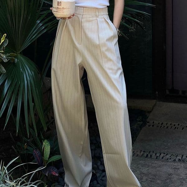 2025 Spring and Autumn New Simple Commuter Loose Wide-Leg Vertical Striped Trousers for Women Cool Style Casual Floor-Length Pants