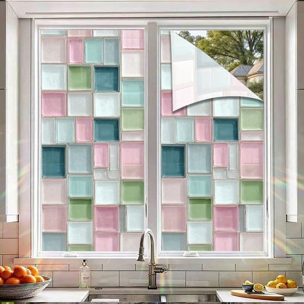 Static Cling No Glue Mosaic Window Film - Sun Blocking Privacy Glass Sticker for Bathroom & Kitchen