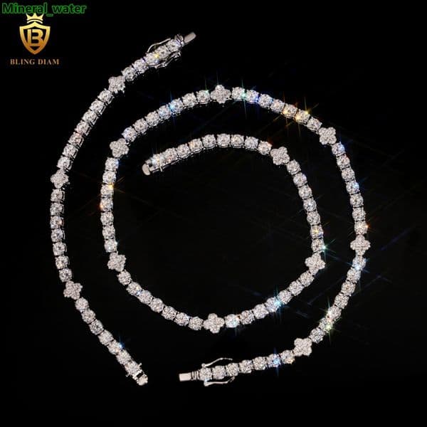5mm Fine Jewelry 925 Sterling Silver Vvs Moissanite Four-Leaf Clover Tennis Chain Bracelet Necklace Set