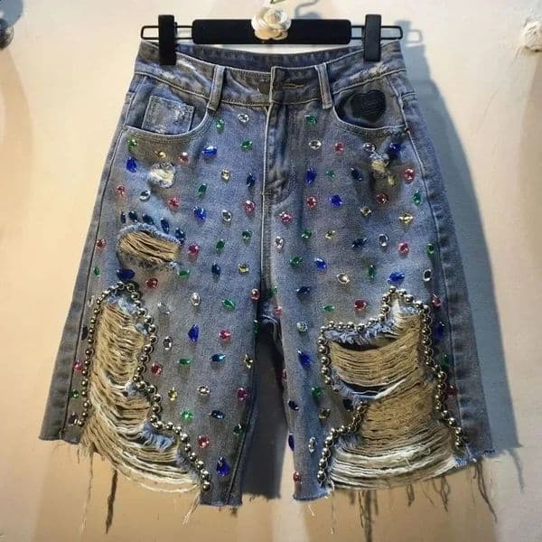 2025 Summer Short Pants High Waist Jeans Hole Stretch Distressed Washed Diamonds Streetwear Straight Denims 260313