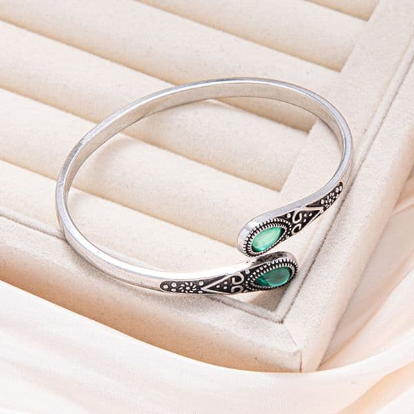 Bracelet Hot Sale Inlaid Imitation Green Agate Vintage Bracelet Adjustable Open Eco-Friendly Alloy Couple Bracelet