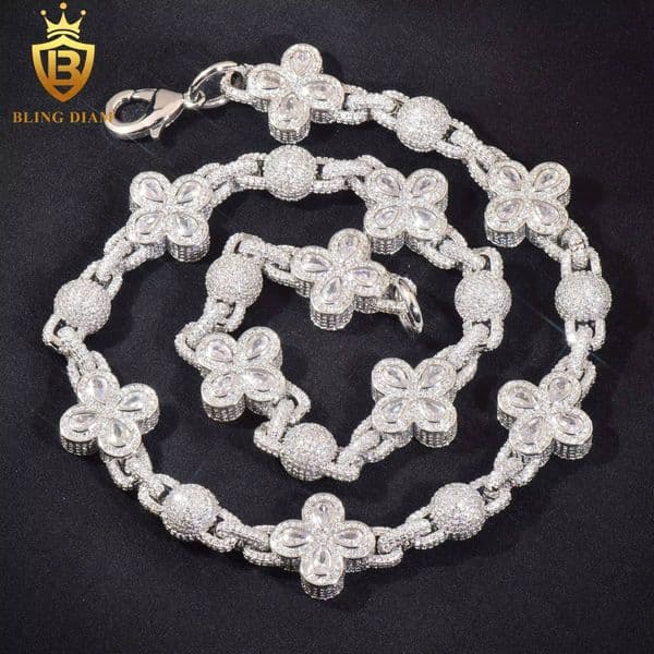Wholesale Price Brass Moissanite Necklace Iced Out Moissanite Cuban Chian HipHop Style Jewelry Chain Moissanite Flower Shape Link Chain
