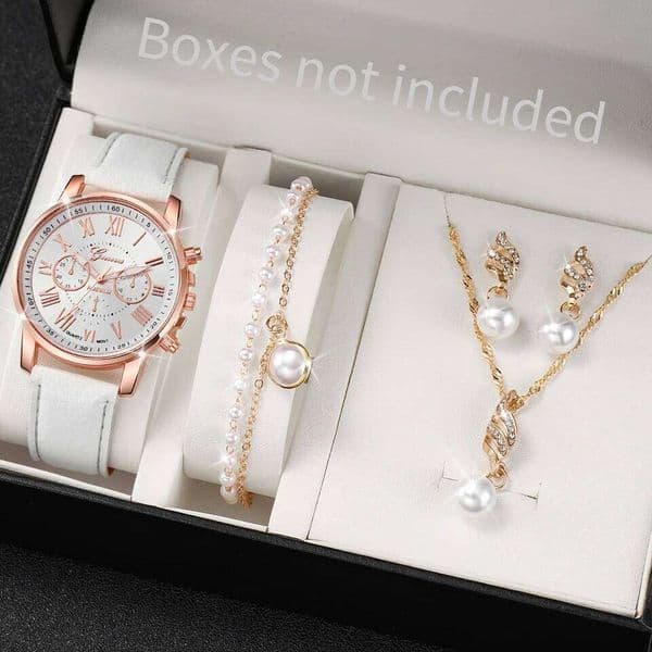 3/5PCS Women's Watch Fashion Roma Dial Leather Band Quartz Watches Pearls Jewelry SetWithout Box