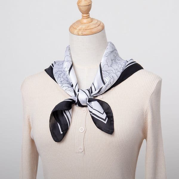 Ink Line Elegant Understated Peony Print Faux Silk Scarf Skin-friendly And Smooth 70cm Square Neck Scarf Accessory