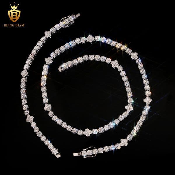 5mm Fine Jewelry 925 Sterling Silver Vvs Moissanite Four-Leaf Clover Tennis Chain Bracelet Necklace Set