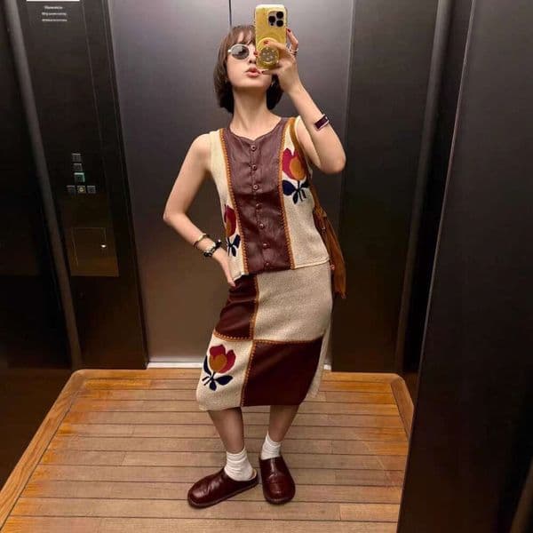 D17 French niche 2026 autumn new designer Bohemian jacquard spliced knitted vest dress set