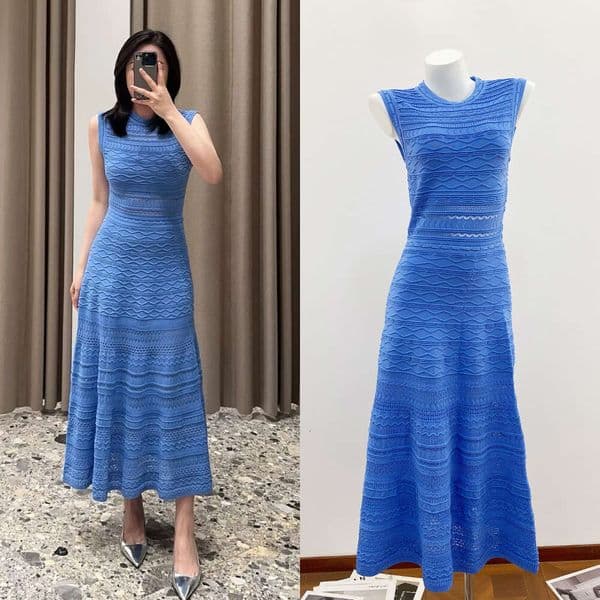 2026 Spring New Designer Sky Blue D7 Diamond Wave Pattern Heavy Jacquard Embroidered Hollow Dress