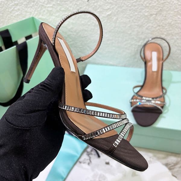 New Designer Memoire Sandal Women Crystal Tequila High Heel Grosgrain Halter Sandals Elastic Slingback Heels Ladies Girls Party Dress Shoe 1070