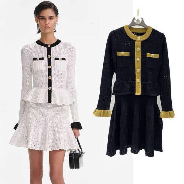 High quality 2026 autumn and winter designer color blocked round neck pleated long sleeved B15 hollow dress