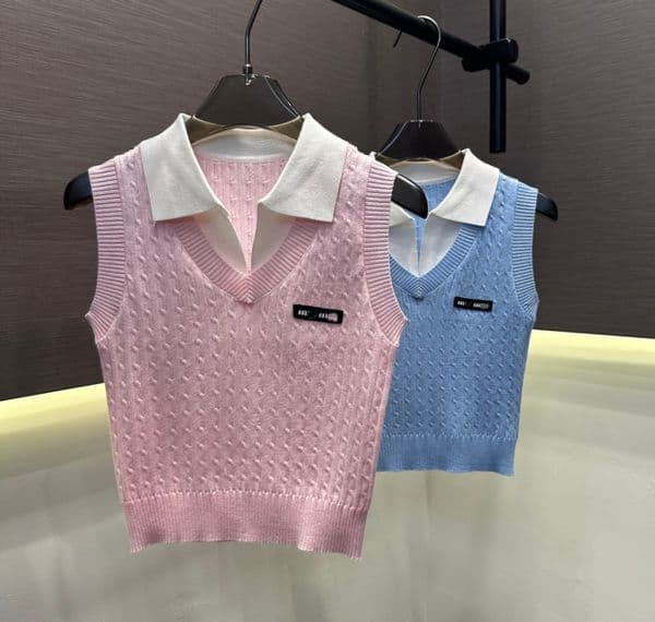 Knitted Tank Top For Women Suspenders New Female Relief Summer Foreign Turn-down collar fake two-piece