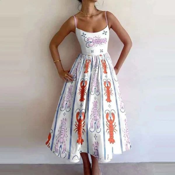 VEITCHE Fashion Women Print Suspenders Blue Ocean Fish Pattern Sexy Long dress Spring Summer 2025 Temperament Maxi Dresses 260313