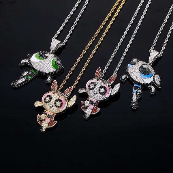 Jewelry Anime Cartoon Powerpuff Girls Style Pendant Colorful Moissanite Hip Hop Personality Necklace Jewelry