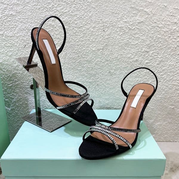 Luxury Women Memoire Sandals Crystal-embellished Straps High Heels Elastic Sling Back Shoes Summer Grosgrain Halter Sandal Slipper 1070