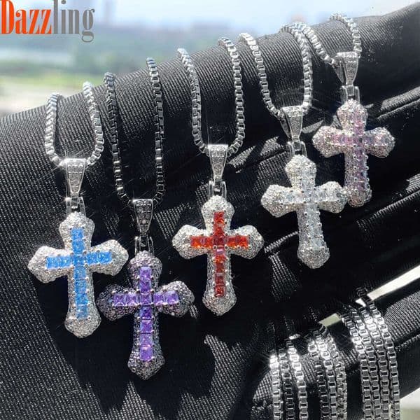 New popular colorful Moissanite mini cross pendant box necklace non-fading Hip Hop jewelry wholesale