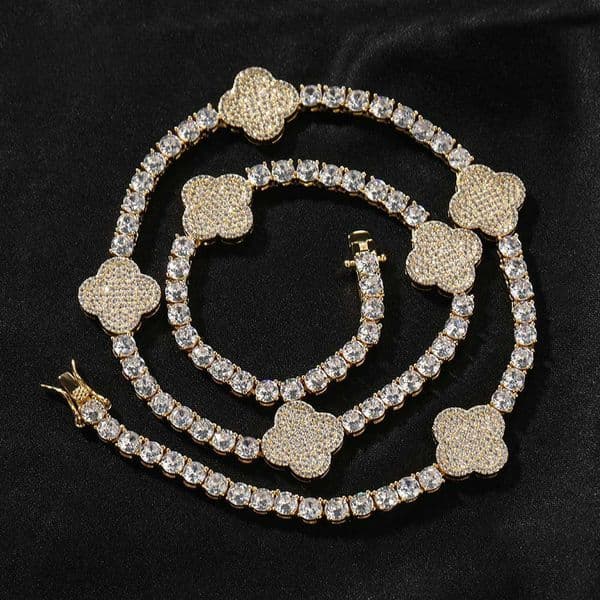 INS Style Light Luxury Ice with VVS moissanite Four-Leaf Moissanite Tennis Chain Bracelet Unisex High-End Necklace Wholesale