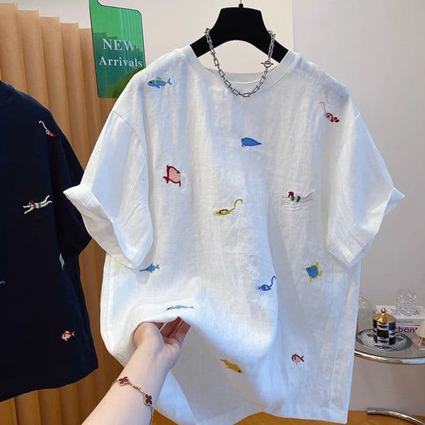 High-end White Designer Designer Hoodie T-shirt Cotton-linen T-shirt For Women Short-sleeved New European Style Loose Polo Pullover Round-neck Top For Summer