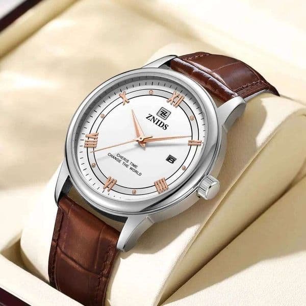 New Fashion Casual Men's Leather Strap White Dial Date Display Function Waterproof Business Quartz Watch