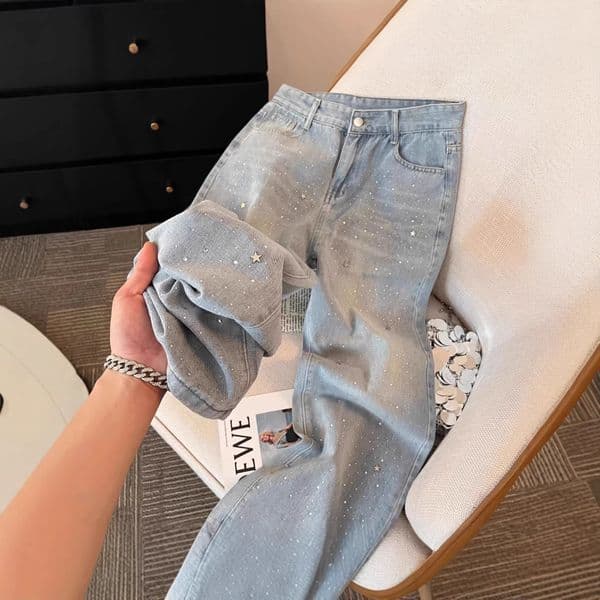 Light Blue Heavy-duty Rhinestone Straight-leg Jeans For Women Designer Pants 2026 New Model High-waisted Loose-fitting Slimming Narrow Wide-leg Pants
