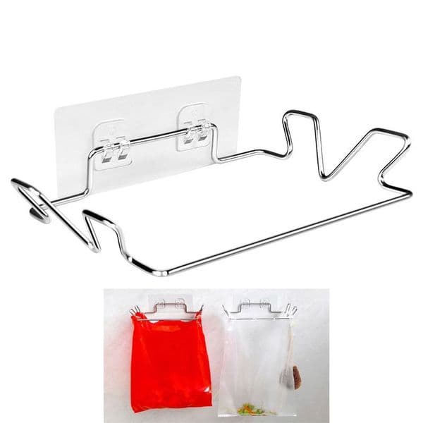 Self Adhesive Kitchen Trash Rack Cabinet Door Garbage Bags Holder Stainless Steel Closet Hanging Grocery Bag Storage Organizer Holder Racks Bathroom Garage HW0316